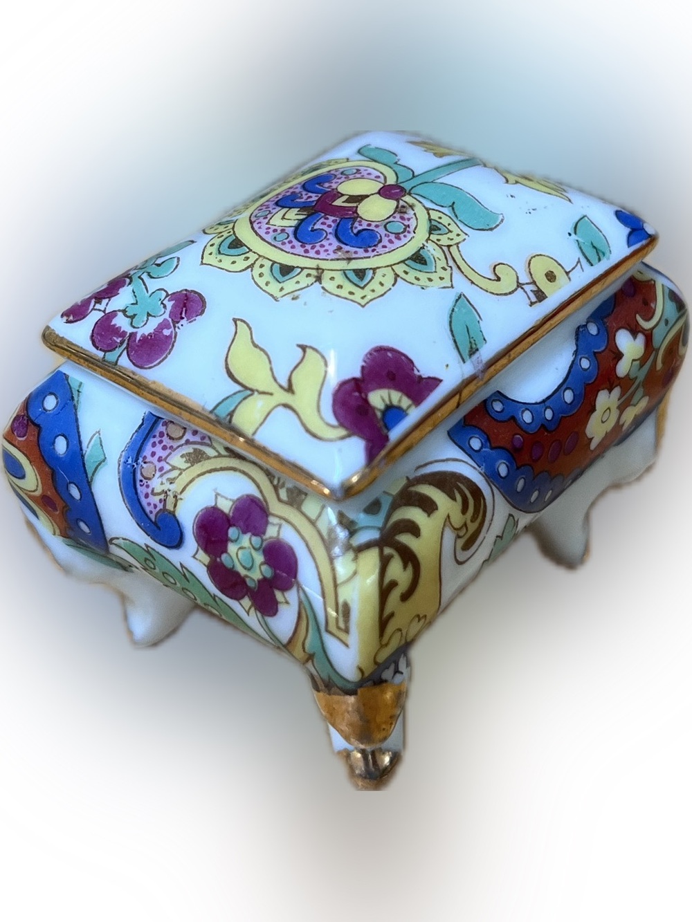 Vintage Mini gold footed Trinket Box floral w/gilding 2” X 1.5” Made In Japan